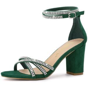 Women's Rhinestones Crisscross Strap Strappy Chunky Heel Sandals Dark Green 8